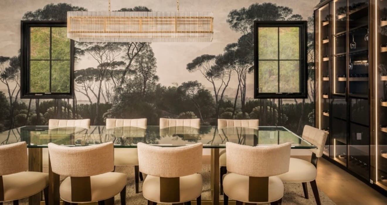 Formal dining room with custom mural wallpaper